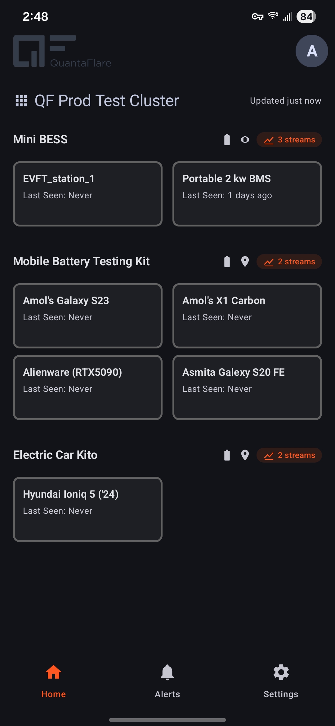 QuantaFlare mobile app — home screen showing QF Prod Test Cluster with Mini BESS, Mobile Battery Testing Kit, and Electric Car Kito groups